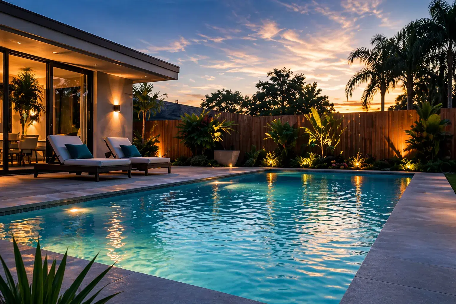 Residential pool at sunset — PoolSmart installation